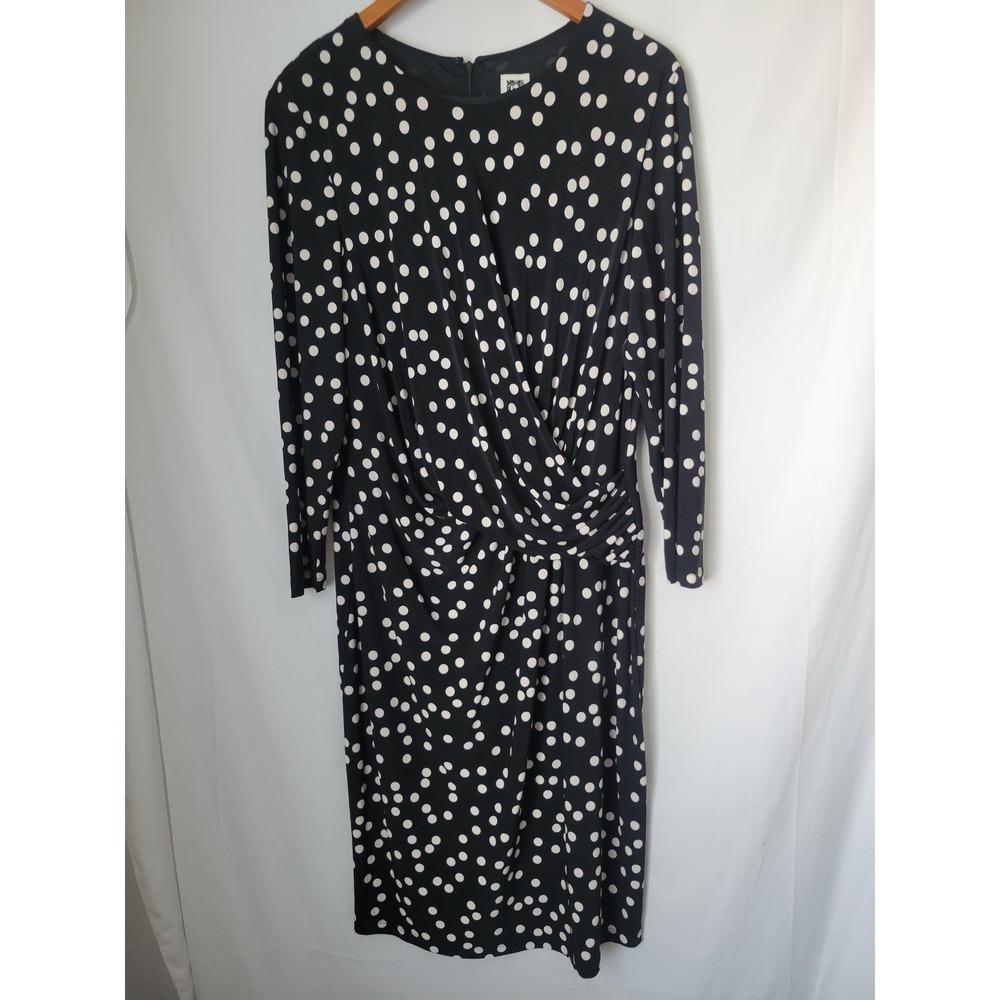 Anne Klein Women's XL Black White Polka Dot Draped Ruched Midi Dress Long Sleeve